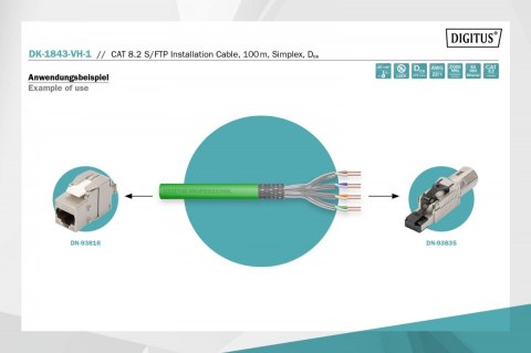 Kabel teleinformatyczny instalacyjny kat.8.2, S/FTP, Dca, AWG 22/1, LSOH, 100m, Zielony Digitus