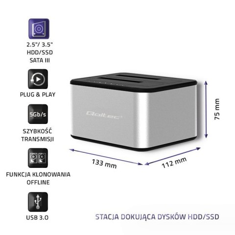 Stacja dokująca dysków 2xHDD/SSD | 2.5"/3.5" SATA | USB 3.0 | Klonowanie Qoltec Stacja dokująca dysków 2xHDD/SSD | 2.5"/3.5" SATA | USB 3.0 | Klonowanie Qoltec