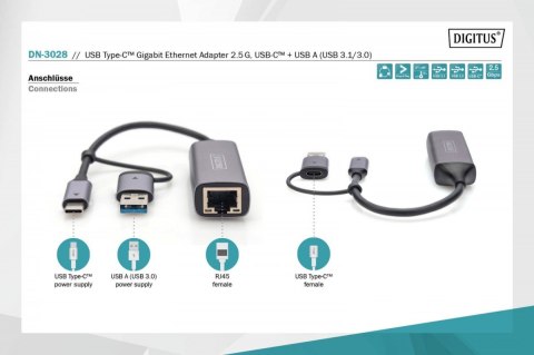 Karta sieciowa przewodowa USB 3.1 Typ C + USB A do 1x RJ45 2.5 Gigabit Ethernet 10/100/1000/2500Mbps Digitus