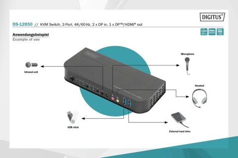 Przełącznik KVM 2 portowy DisplayPort do HDMI 2x1 4K 60Hz 2xUSB audio Digitus