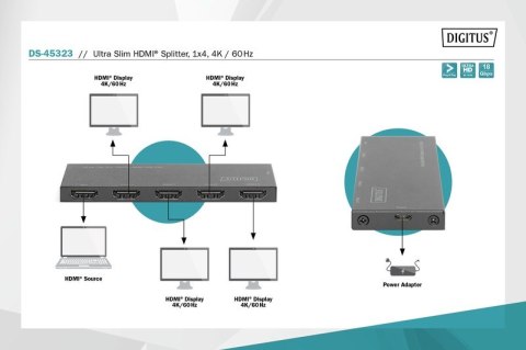 Rozdzielacz (Splitter) Ultra Slim HDMI 1x4 4K 60Hz 3D HDR HDCP 2.2 18 Gbps Micro USB Digitus