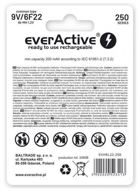 Akumulatorek 6F22/9V NI-MH 250 mAh 1 szt. ready to use EverActive Akumulatorek 6F22/9V NI-MH 250 mAh 1 szt. ready to use EverActive