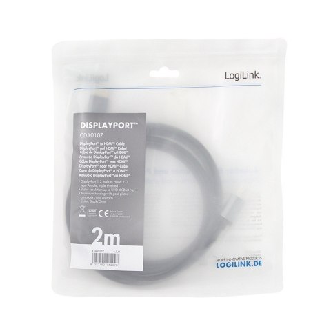 Kabel DisplayPort 4K/60 Hz,DP do HDMI aluminiowy 2m LogiLink Kabel DisplayPort 4K/60 Hz,DP do HDMI aluminiowy 2m LogiLink