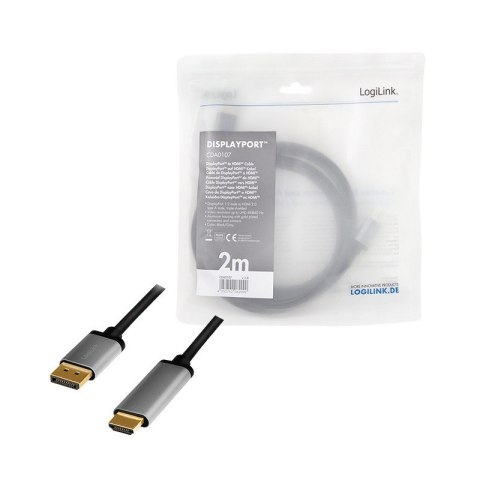 Kabel DisplayPort 4K/60 Hz,DP do HDMI aluminiowy 2m LogiLink Kabel DisplayPort 4K/60 Hz,DP do HDMI aluminiowy 2m LogiLink