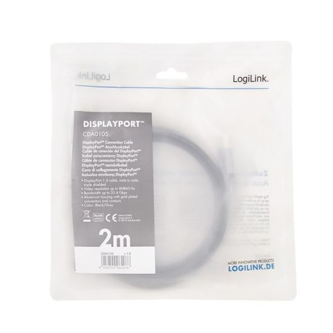 Kabel DisplayPort 8K/60 Hz,DP/M do DP/M aluminiowy 2m LogiLink Kabel DisplayPort 8K/60 Hz,DP/M do DP/M aluminiowy 2m LogiLink