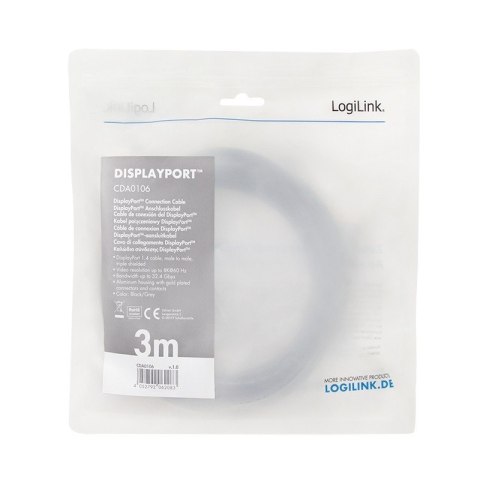 Kabel DisplayPort 8K/60 Hz,DP/M do DP/M aluminium 3m LogiLink Kabel DisplayPort 8K/60 Hz,DP/M do DP/M aluminium 3m LogiLink