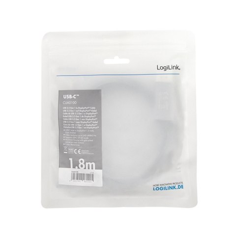 Kabel USB-C do DP, 4K 60Hz aluminiowy 1.8m LogiLink Kabel USB-C do DP, 4K 60Hz aluminiowy 1.8m LogiLink