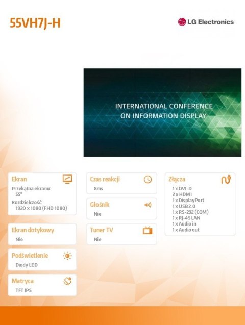 Monitor wielkoformatowy 55VH7J-H 55 cali FHD 700cd/m2 IPS 24/7 LG Electronics Monitor wielkoformatowy 55VH7J-H 55 cali FHD 700cd/m2 IPS 24/7 LG Electronics