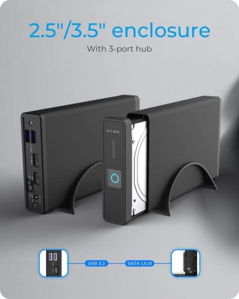 Obudowa IB-382H-C31 2,5/3,5 HDD z wbudowanym HUB 1xUSB-C, 2xUSB -A, 12V2A IcyBox Obudowa IB-382H-C31 2,5/3,5 HDD z wbudowanym HUB 1xUSB-C, 2xUSB -A, 12V2A IcyBox
