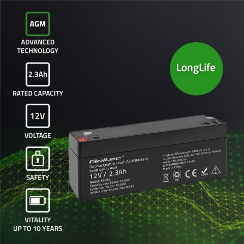 Akumulator AGM | 12V | 2.3Ah | max. 34.5A Qoltec Akumulator AGM | 12V | 2.3Ah | max. 34.5A Qoltec