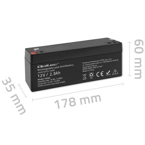 Akumulator AGM | 12V | 2.3Ah | max. 34.5A Qoltec Akumulator AGM | 12V | 2.3Ah | max. 34.5A Qoltec