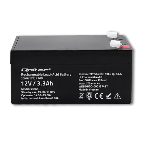 Akumulator AGM | 12V | 3.3Ah | max. 49.5A Qoltec Akumulator AGM | 12V | 3.3Ah | max. 49.5A Qoltec