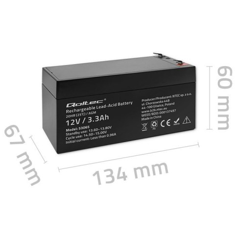 Akumulator AGM | 12V | 3.3Ah | max. 49.5A Qoltec Akumulator AGM | 12V | 3.3Ah | max. 49.5A Qoltec