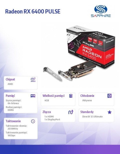Karta graficzna Radeon RX 6400 PULSE GAMING 4GB GDDR6 64bit DP/HDMI Sapphire Technology Karta graficzna Radeon RX 6400 PULSE GAMING 4GB GDDR6 64bit DP/HDMI Sapphire Technology