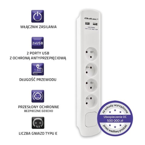 Listwa antyprzepięciowa | 4 gniazda | 2xUSB | 1.8m | Biała Qoltec Listwa antyprzepięciowa | 4 gniazda | 2xUSB | 1.8m | Biała Qoltec