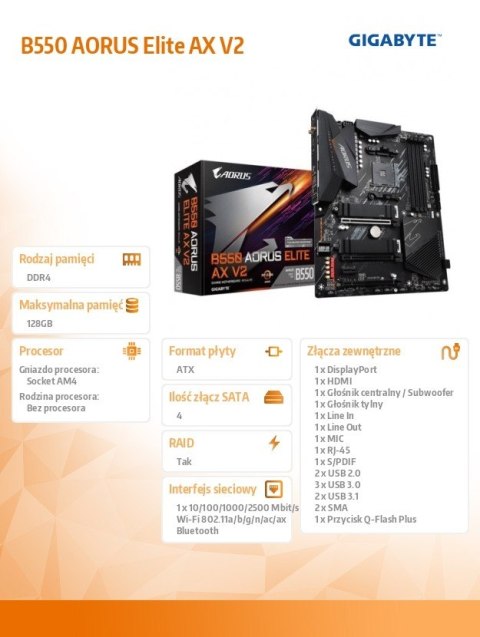 Płyta główna B550 AORUS ELITE AX V2 AM4 4DDR4 HDMI/DP M.2 ATX Gigabyte Płyta główna B550 AORUS ELITE AX V2 AM4 4DDR4 HDMI/DP M.2 ATX Gigabyte