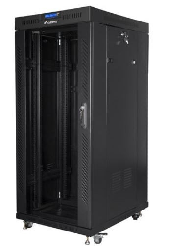 Szafa instalacyjna rack stojąca 19 cali 27u 800x1000 czarna drzwi szklane LCD (flat pack) Lanberg