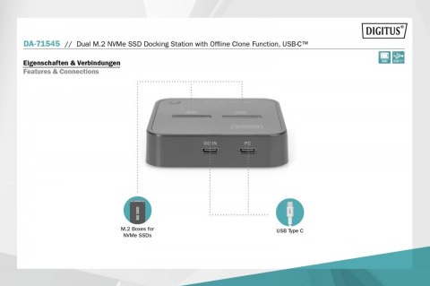 Podwójna stacja dokująca do dysków SSD M.2 NVMe z funkcją klonowania offline, USB-C, Czarna Digitus