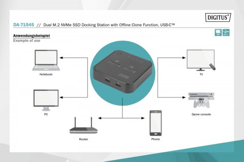 Podwójna stacja dokująca do dysków SSD M.2 NVMe z funkcją klonowania offline, USB-C, Czarna Digitus