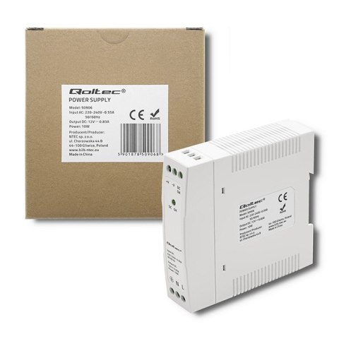 Zasilacz na szynę DIN | 10W | 12V | 0.83A | Biały | Slim Qoltec Zasilacz na szynę DIN | 10W | 12V | 0.83A | Biały | Slim Qoltec