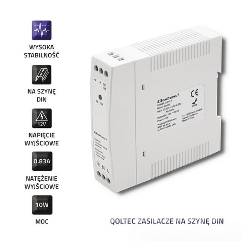 Zasilacz na szynę DIN | 10W | 12V | 0.83A | Biały | Slim Qoltec Zasilacz na szynę DIN | 10W | 12V | 0.83A | Biały | Slim Qoltec