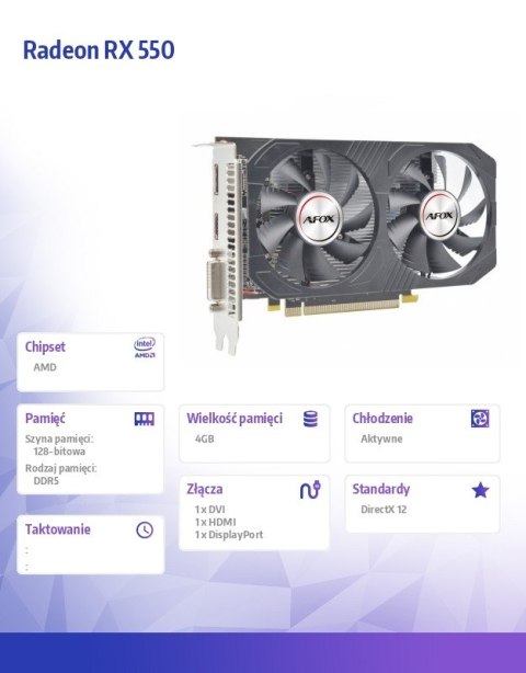 Karta graficzna Radeon RX 550 4GB GDDR5 128Bit DVI HDMI DP ATX AFOX Karta graficzna Radeon RX 550 4GB GDDR5 128Bit DVI HDMI DP ATX AFOX