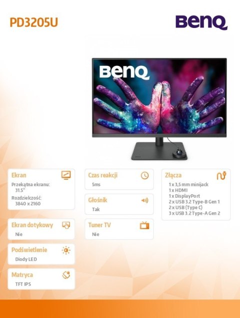 Monitor 32 cale PD3205U LED 5ms/4K/20:1/HDMI/ czarny Benq Monitor 32 cale PD3205U LED 5ms/4K/20:1/HDMI/ czarny Benq