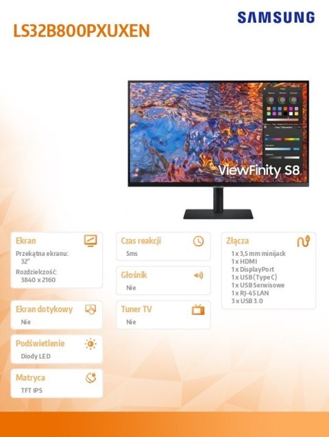 Monitor 32 cale ViewFinity S80PX IPS 3840x2160 UHD 16:9 1xHDMI 1xDP 1xUSB-C (90W) 3xUSB 3.0 LAN 5ms PinP/PbyP 60Hz HAS+PIV płask Samsung Monitor 32 cale ViewFinity S80PX IPS 3840x2160 UHD 16:9 1xHDMI 1xDP 1xUSB-C (90W) 3xUSB 3.0 LAN 5ms PinP/PbyP 60Hz HAS+PIV płask Samsung