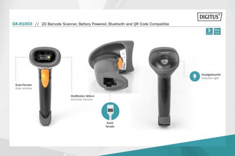 Czytnik kodów kreskowych bezprzewodowy Bluetooth, 1D i 2D, zgodny z kodami QR, Stojak w zestawie Digitus