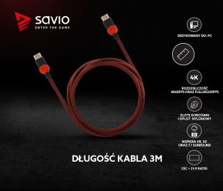 Kabel HDMI 2.0 czerwono-czarny 3 m, GCL-04 Savio