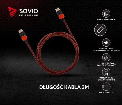 Kabel HDMI 2.0 czerwono-czarny 3 m, GCL-04 Savio