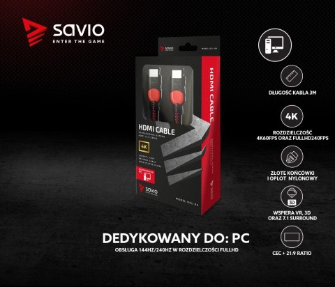 Kabel HDMI 2.0 czerwono-czarny 3 m, GCL-04 Savio