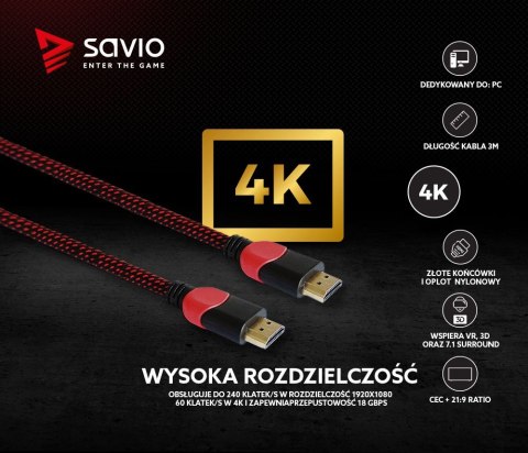 Kabel HDMI 2.0 czerwono-czarny 3 m, GCL-04 Savio