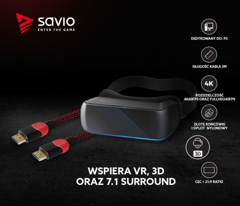 Kabel HDMI 2.0 czerwono-czarny 3 m, GCL-04 Savio