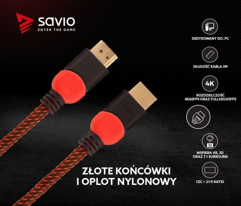 Kabel HDMI 2.0 czerwono-czarny 3 m, GCL-04 Savio