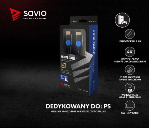 Kabel HDMI 2.0 niebiesko-czarny 3m, GCL-05 Savio