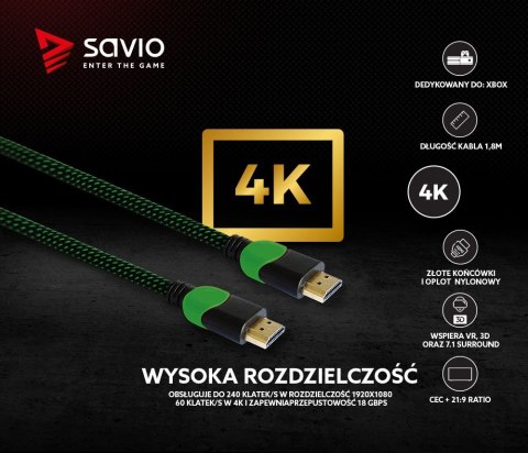 Kabel HDMI 2.0 zielono-czarny 1,8m, GCL-03 Savio