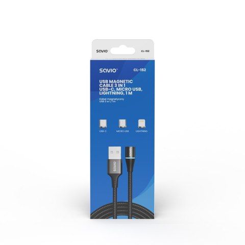 Kabel magnetyczny USB - USB typ C, Micro i Lightning, czarny, 1m, CL-152 Savio