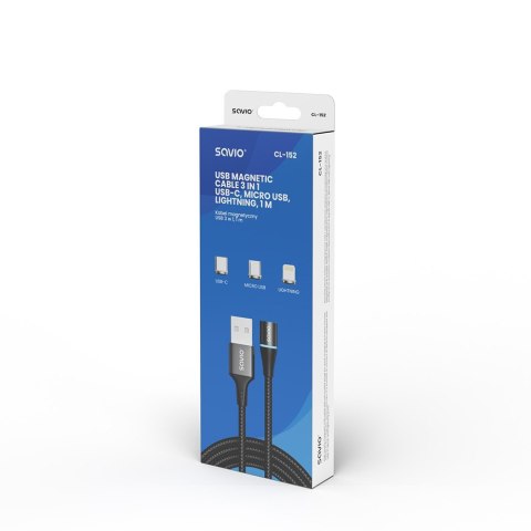 Kabel magnetyczny USB - USB typ C, Micro i Lightning, czarny, 1m, CL-152 Savio