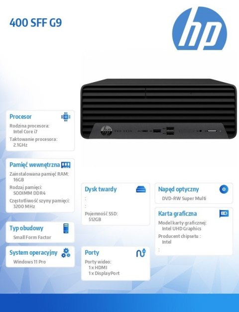 Komputer 400 SFF G9 i7-12700 512GB/16GB/DVD/W11P 6A831EA HP Inc.