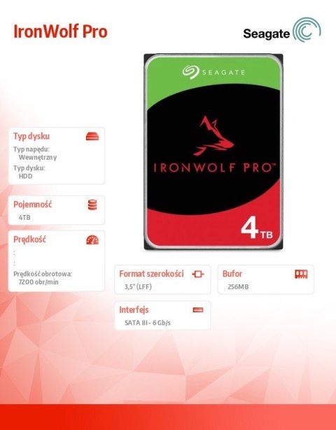 Dysk IronWolfPro 4TB 3.5'' 256MB ST4000NT001 Seagate Dysk IronWolfPro 4TB 3.5'' 256MB ST4000NT001 Seagate