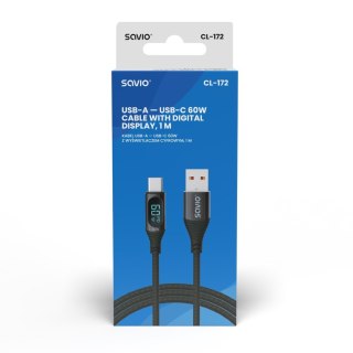 Kabel USB - USB C z wyświetlaczem, 60W, 1m, CL-172 Savio