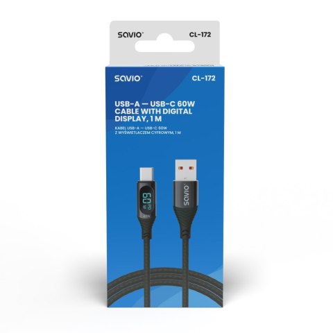 Kabel USB - USB C z wyświetlaczem, 60W, 1m, CL-172 Savio