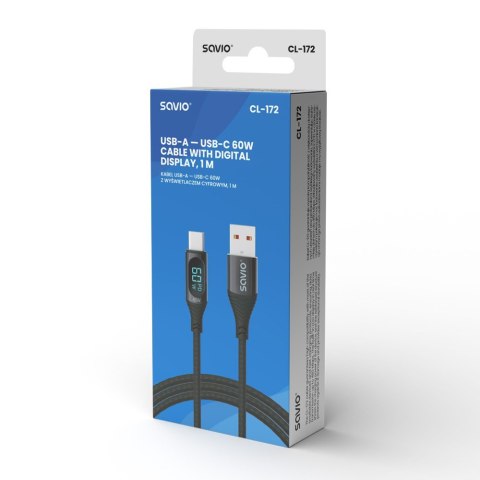 Kabel USB - USB C z wyświetlaczem, 60W, 1m, CL-172 Savio