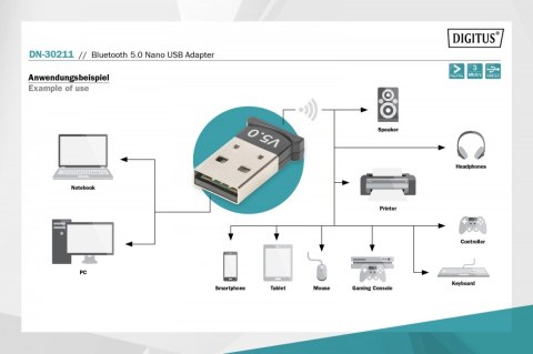 Mini adapter Bluetooth V5.0 Class 2 EDR USB V2.0 Digitus