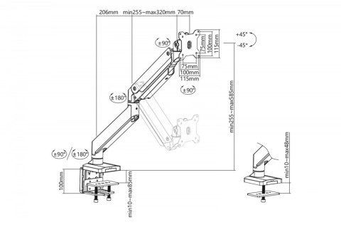 Ramię biurkowe podwójne z zaciskiem, 2xLCD, max. 35", max. obciążenie 2x15kg, ze sprężyną gazową Digitus