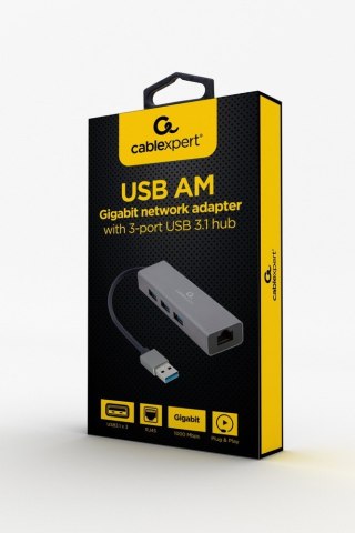 Adapter USB-AM to LAN GbE Hub 3xUSB 3.0 Gembird