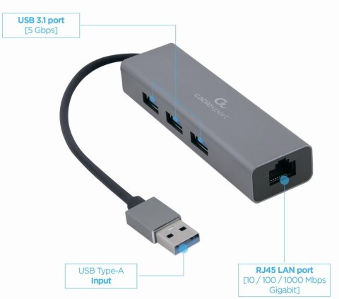 Adapter USB-AM to LAN GbE Hub 3xUSB 3.0 Gembird