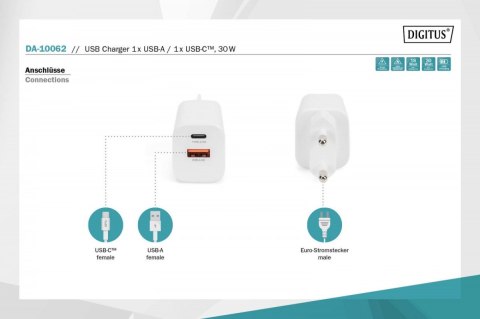 Ładowarka sieciowa zasilacz 1x USB-A 12W 1x USB-C 18W PD 3.0 max. 30W Biała Digitus