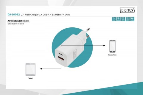 Ładowarka sieciowa zasilacz 1x USB-A 12W 1x USB-C 18W PD 3.0 max. 30W Biała Digitus